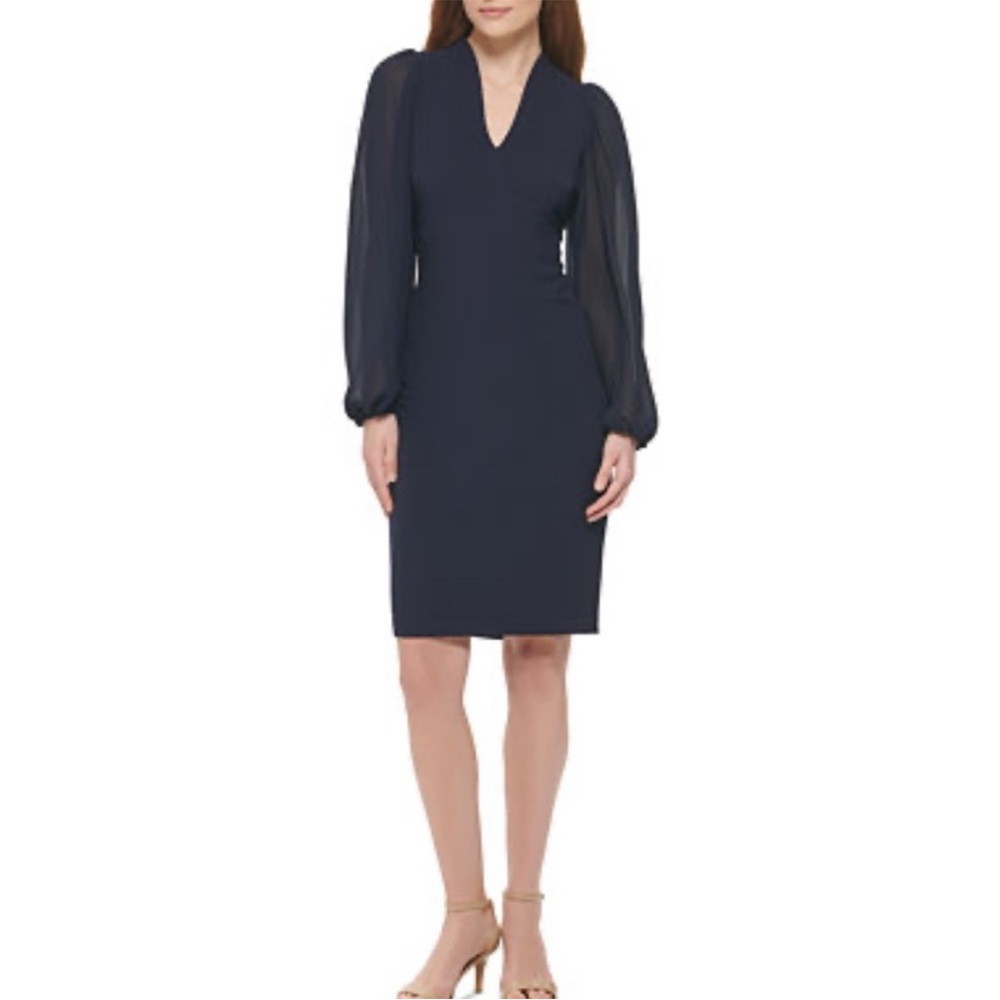 Vince Camuto Blue V Neck Long Chiffon Sleeve Sheath Church Wedding Dress size 10